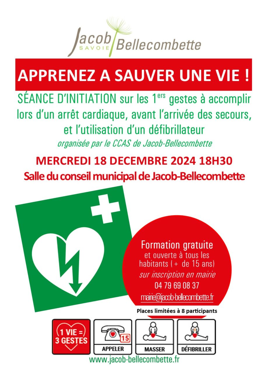 Formation à l’utilisation d’un défibrillateur mercredi 18 décembre 2024 à 18h30 en mairie