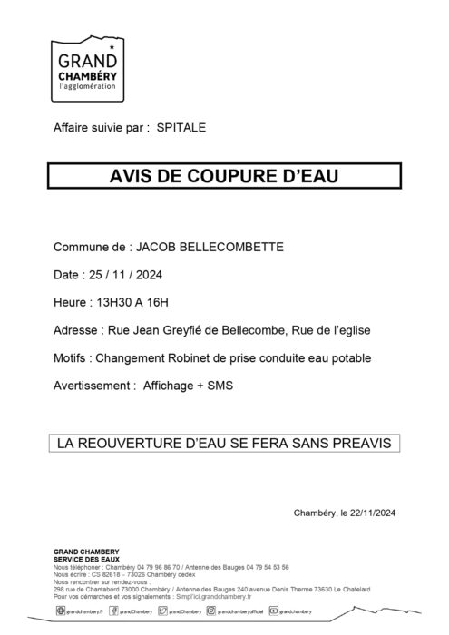 Avis de coupure d’eau le 25 novembre 2024 – 2 rues bas de Jacob