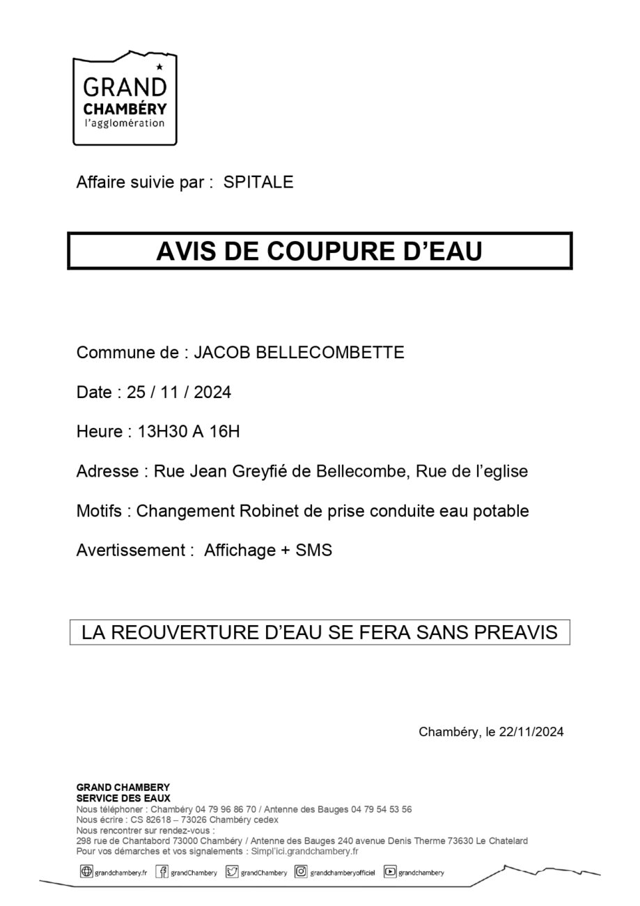 Avis de coupure d’eau le 25 novembre 2024 – 2 rues bas de Jacob